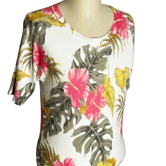 Talbots Sweater Womens Size SP Cream Pink Floral Hawaiian Scoop Neck - Picture 1 of 4